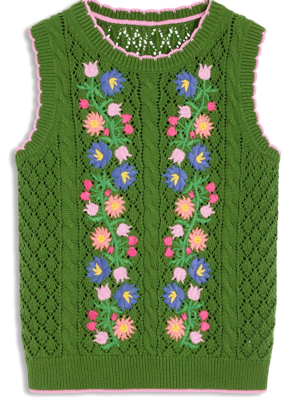 Boden Green Knit Tank with Pink Trim and Multicolor Floral Embroidery